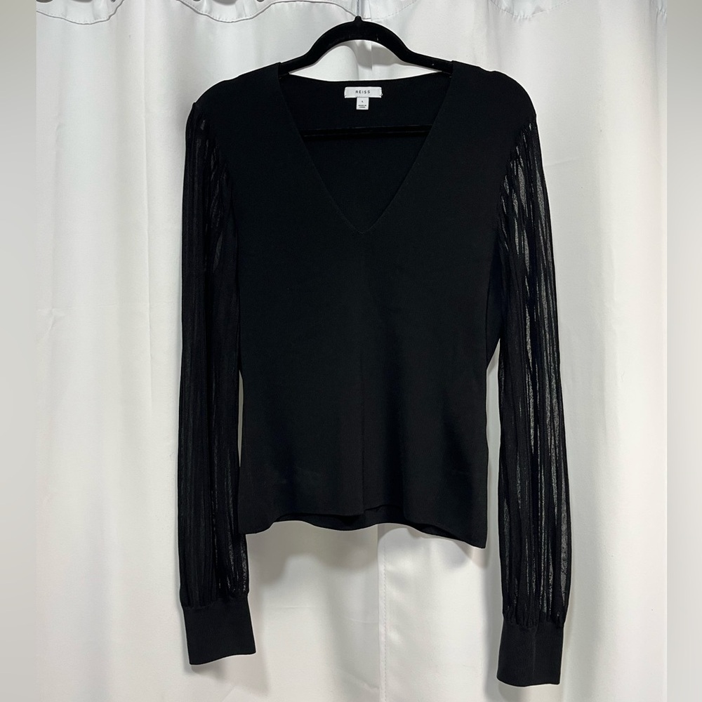 Reiss Black V-Neck Blouse with Sheer Sleeves